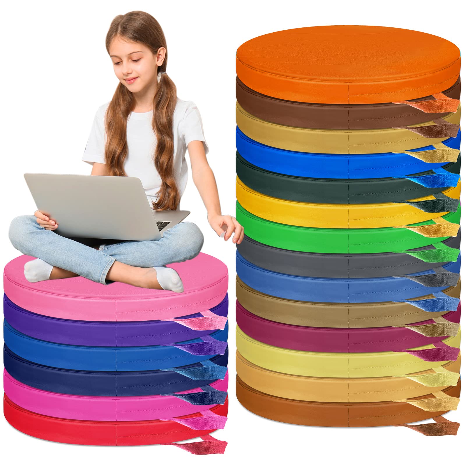 Riakrum 20 Pack Round Floor Cushions 15 Inch Flexible Seating with Handles Colored Floor Foam Seating Cushions School Daycare Of