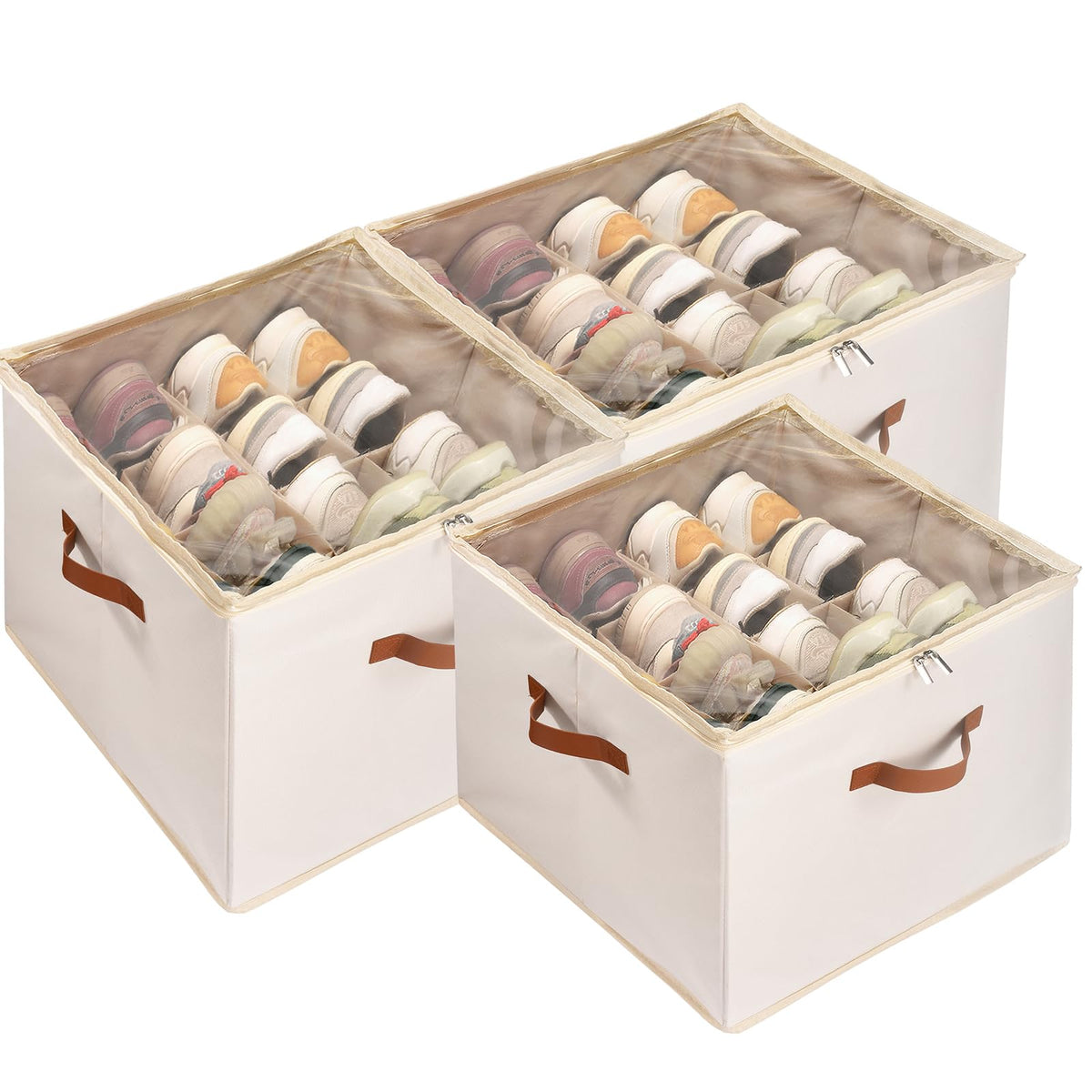 Vexalora Shoe Organizer for Closet, 3 Pack Shoe Storage Bins with Clear Cover, Adjustable Dividers Fits 2448 Pairs, Beige