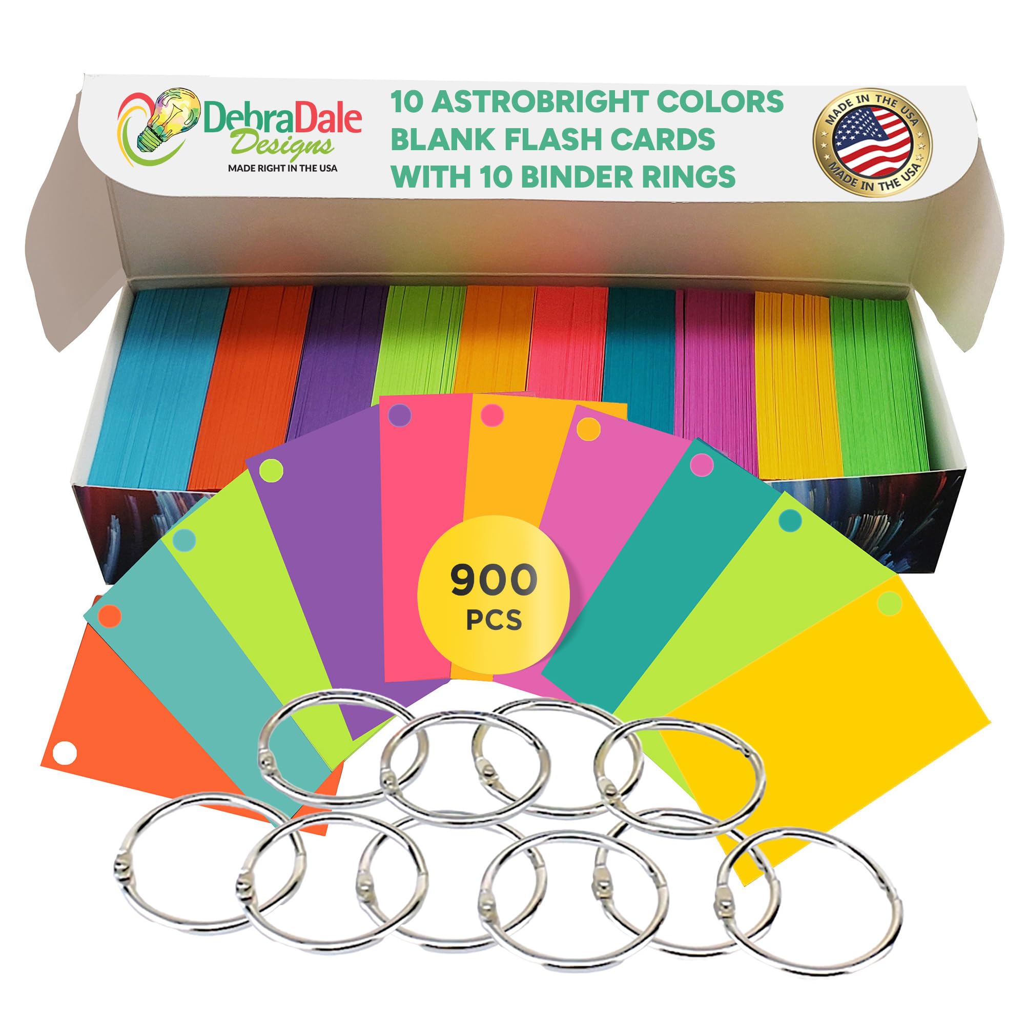 Made In Usa - Brilliant Minds Flash Cards By Debra Dale Designs - 900 Ct, 10 Astrobright Colors, Rings Included - 2'X3.5', 65L