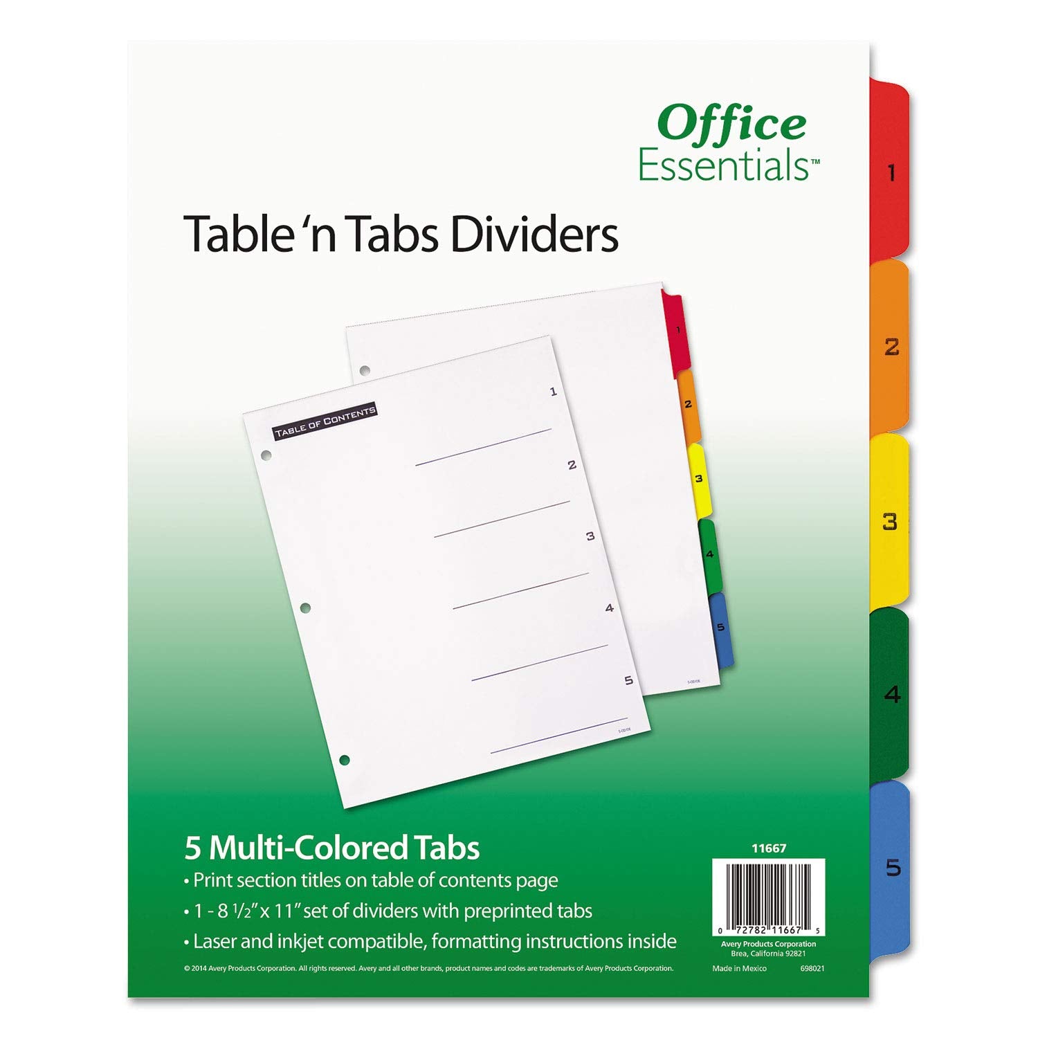 Office Essentials Table 'N Tabs Dividers Five Multicolor Tabs 1-5 Letter Set
