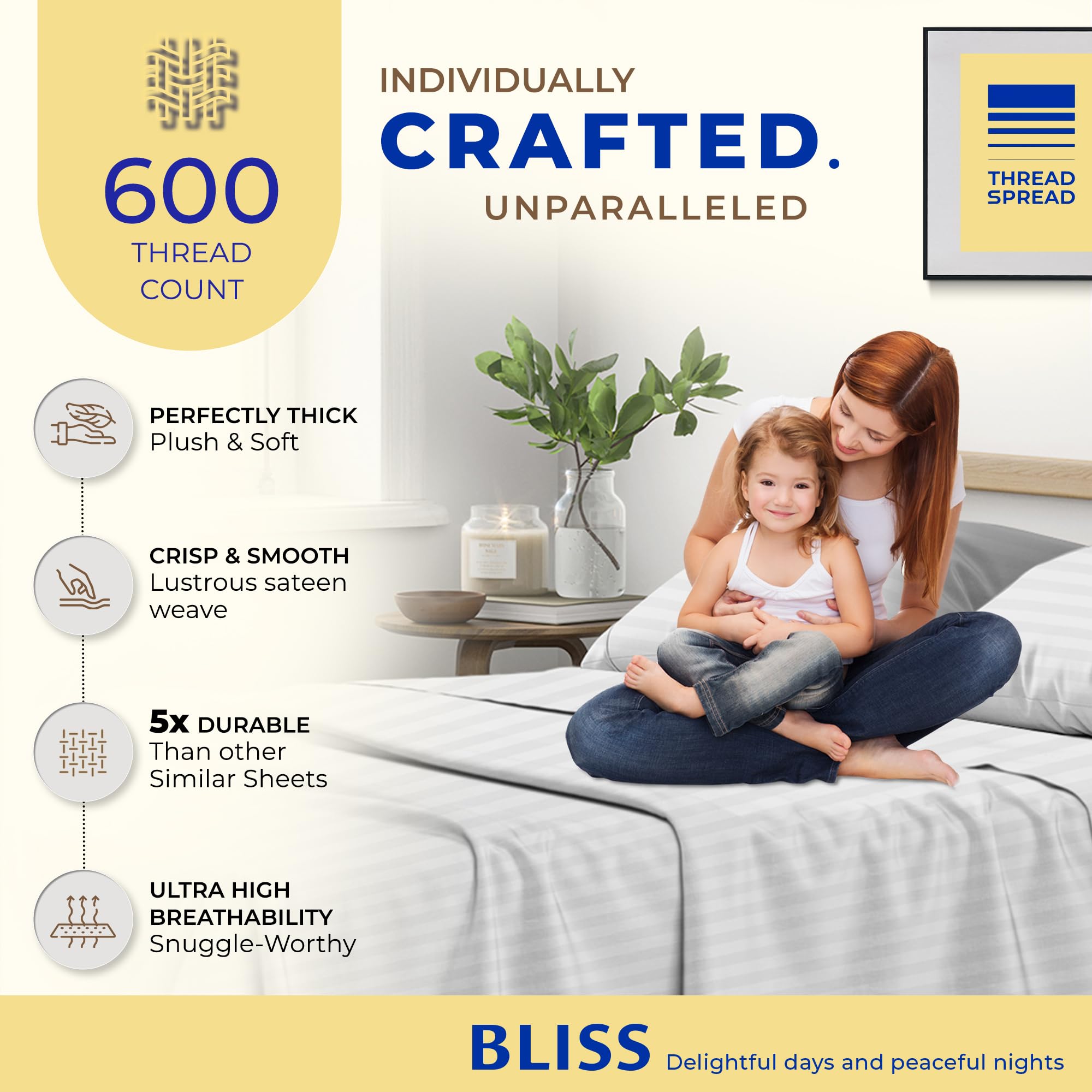 600 Thread Count Egyptian Quality 100% Cotton Stripe Sheets Set, Queen Size Bedding Set In White
