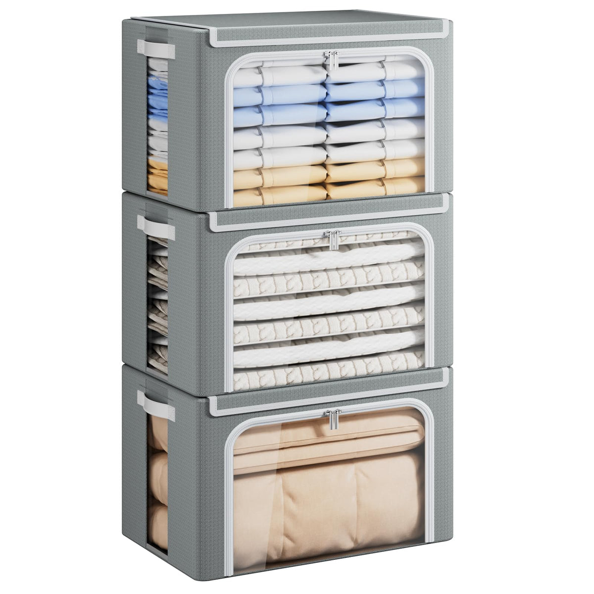 Yecaye Large Clothes Storage Bins with Metal Frame, Grey, 66L, 3 Pack