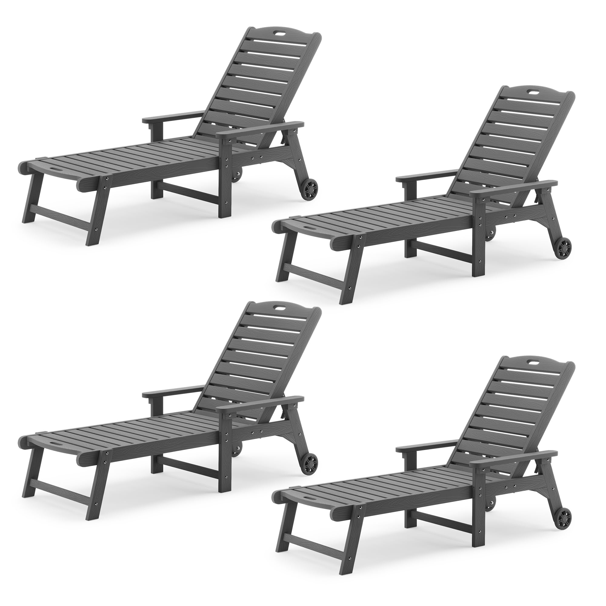 Lue Bona Outdoor Chaise Lounge Chairs Set Of 4, Hdps Material, 3-Year Warranty, Patio Lounge Chair With Adjustable Backrest, Resin Pool Lounge Chairs With Wheels For Outside, Poolside, Dark Gray