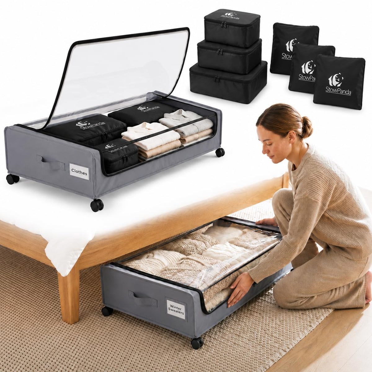 60L Under Bed Storage with Wheels, With 6 Travel Bags, 2Pack, Light Gray
