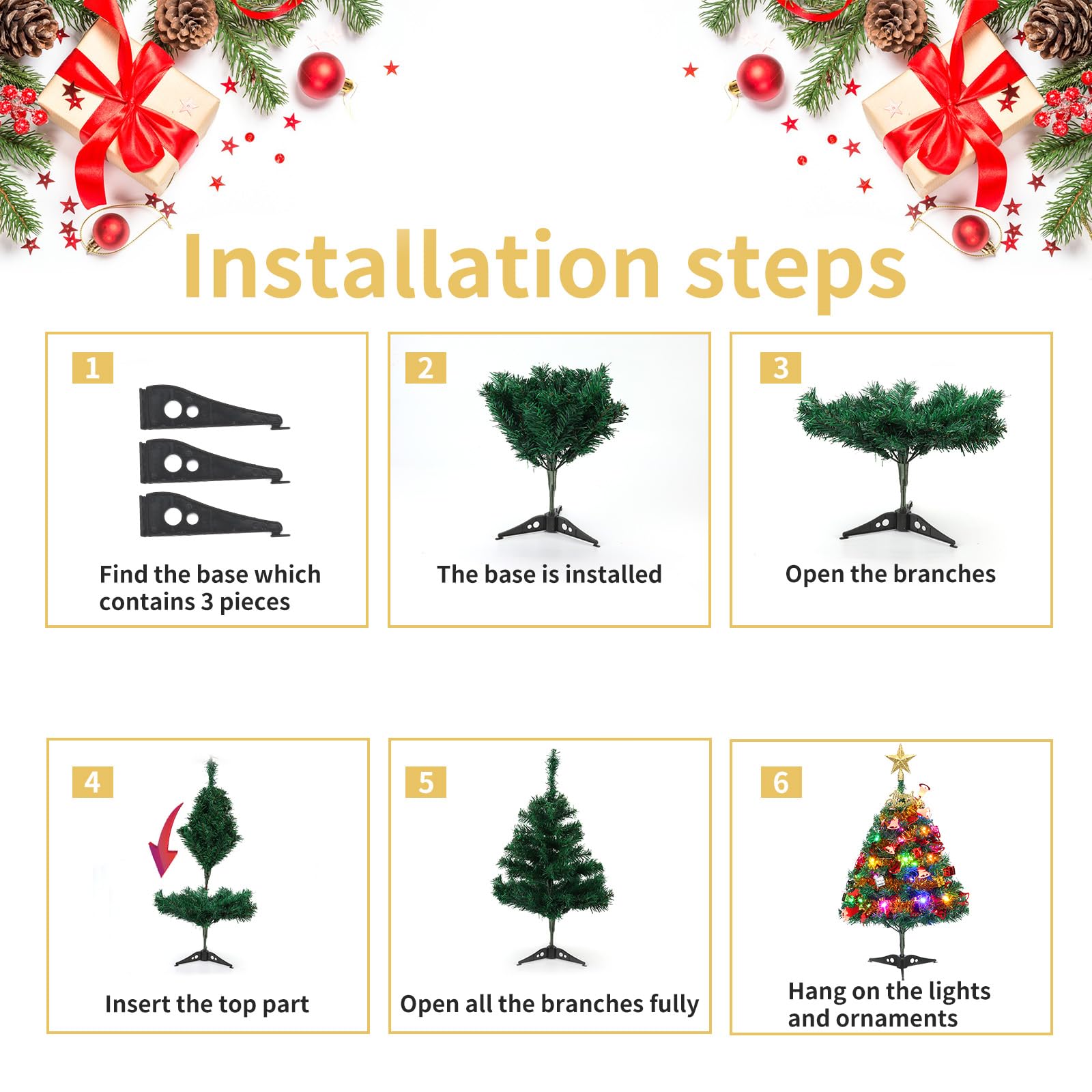 Mini Xmas Tree, 24''/60Cm Artificial Small Tabletop Christmas Pine Tree With Ornaments For Holiday Home Office Decoration