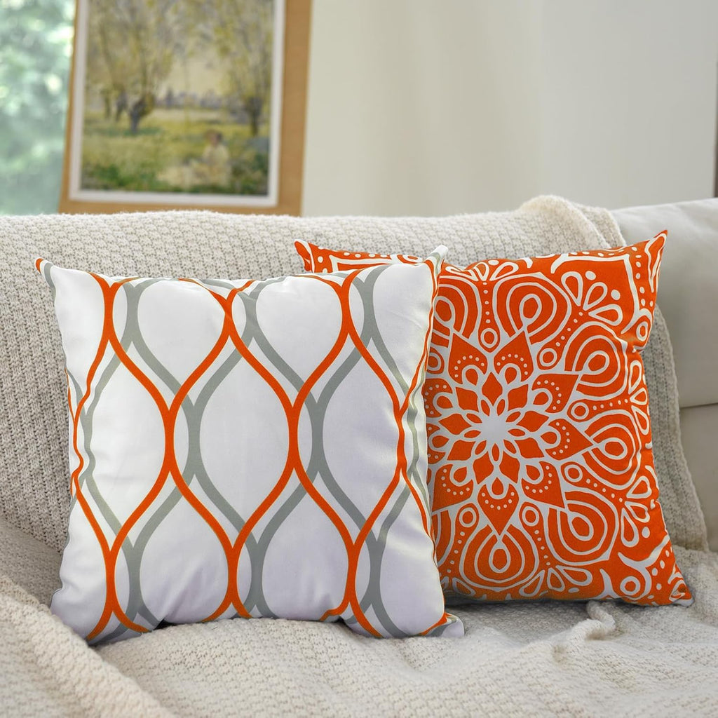 Decorative Throw Pillow Covers 16X16 Inch Set Of 4,Orange And White Modern Simple Square Pillow Case Cushion Cover For Sofa Couc
