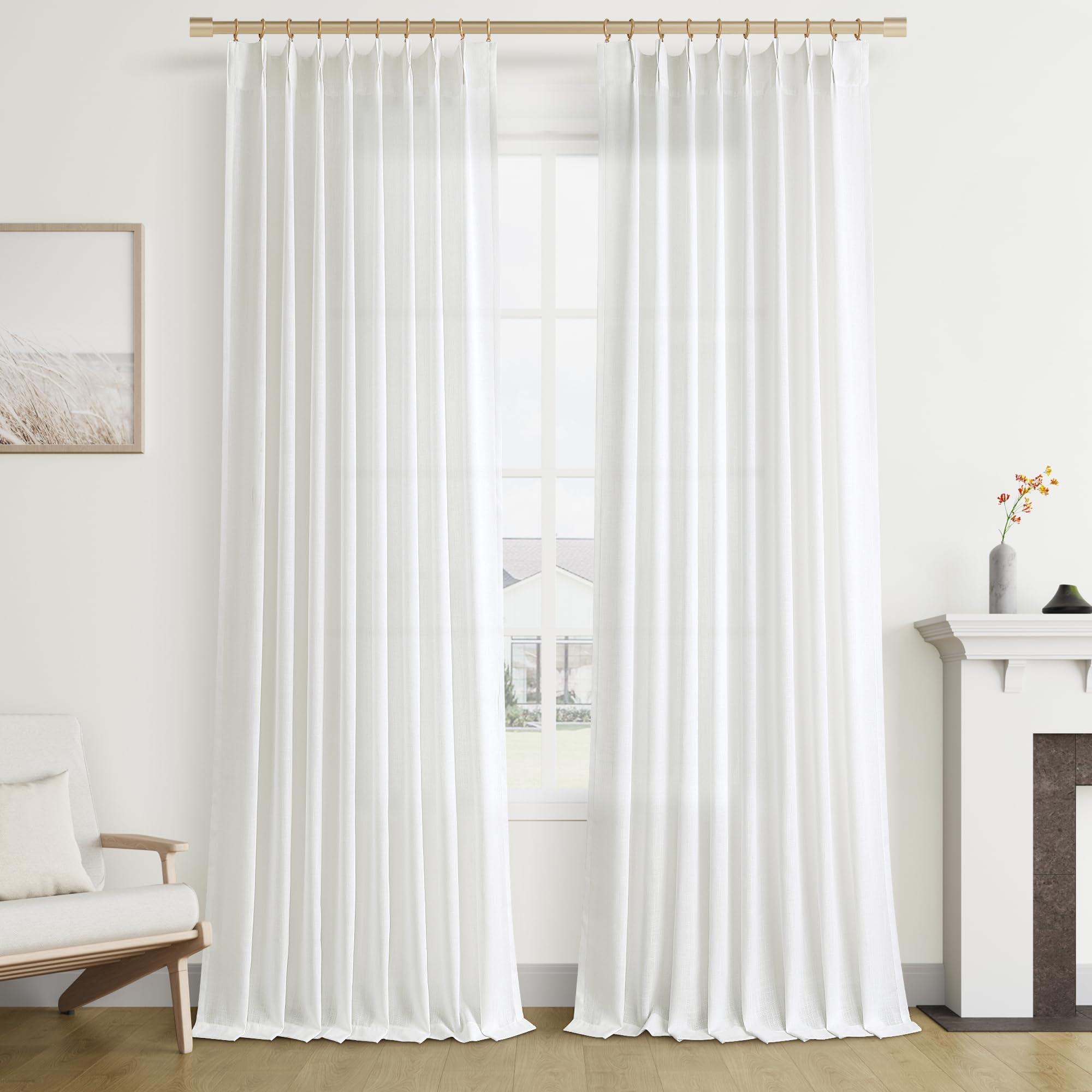 Joywell Linen Pinch Pleated Curtains 102 Inch Long,Back Tab Clip Rings Semi Sheer Light Filtering Drapes With Hooks For Bedroom