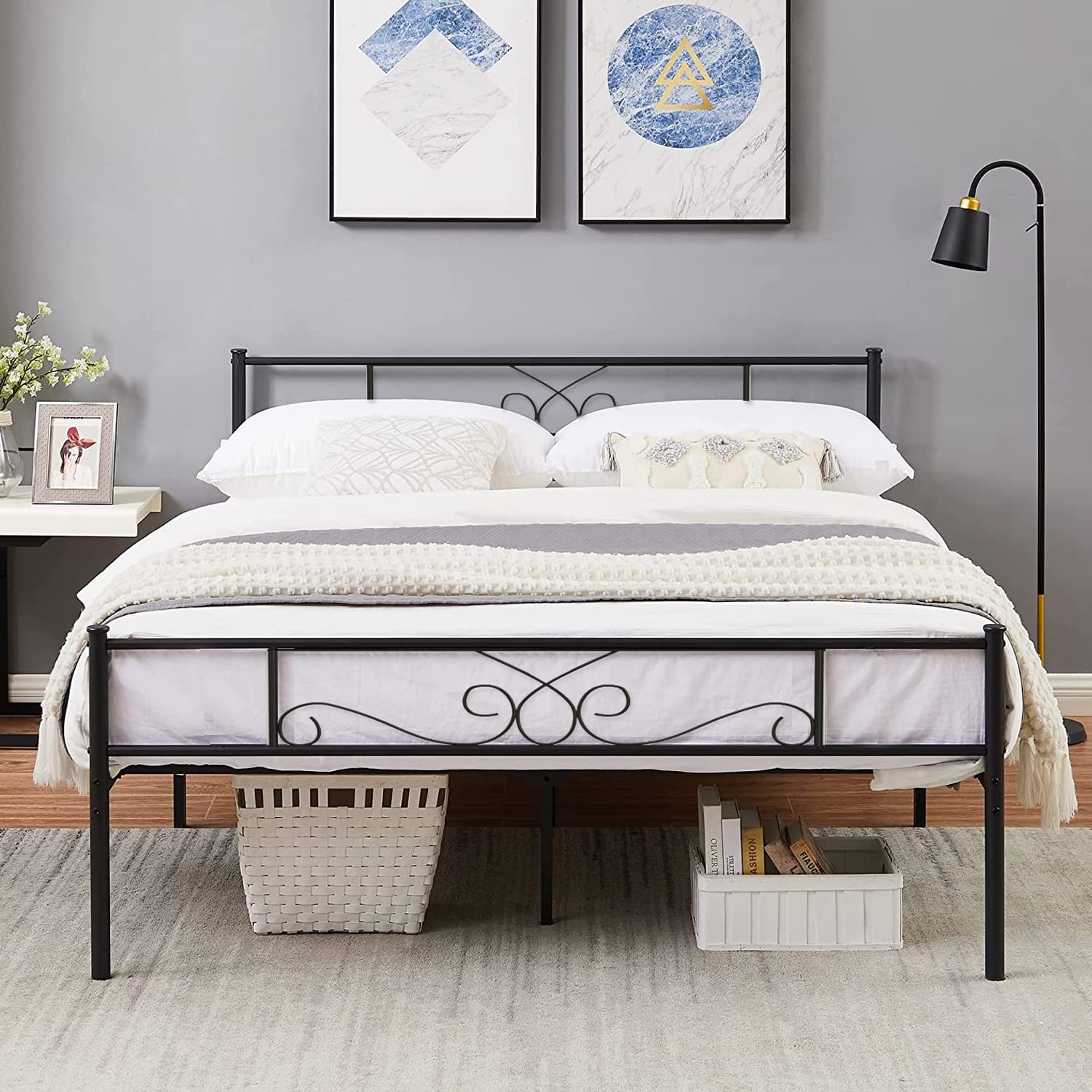 Weehom Bed Frame Queen Size With Headboard Under Storage 12 Inch Steel Slat Mattress Foundation Metal Bed For Boys Girls Adults No Box Spring Needed, Black