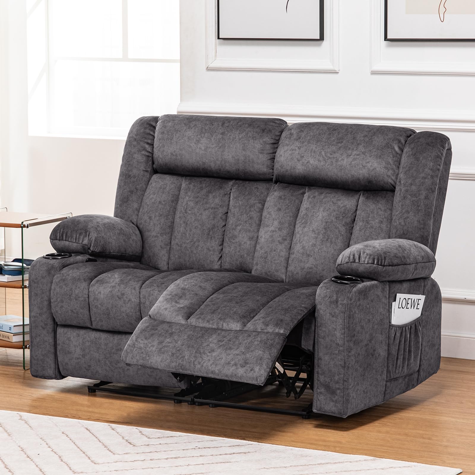 COMHOMA Manual Recliner Couch,Fabric Reclining Sofa Chair with Cup Holders, Upholstered ReclinerChair Set with Side Pockets Suit