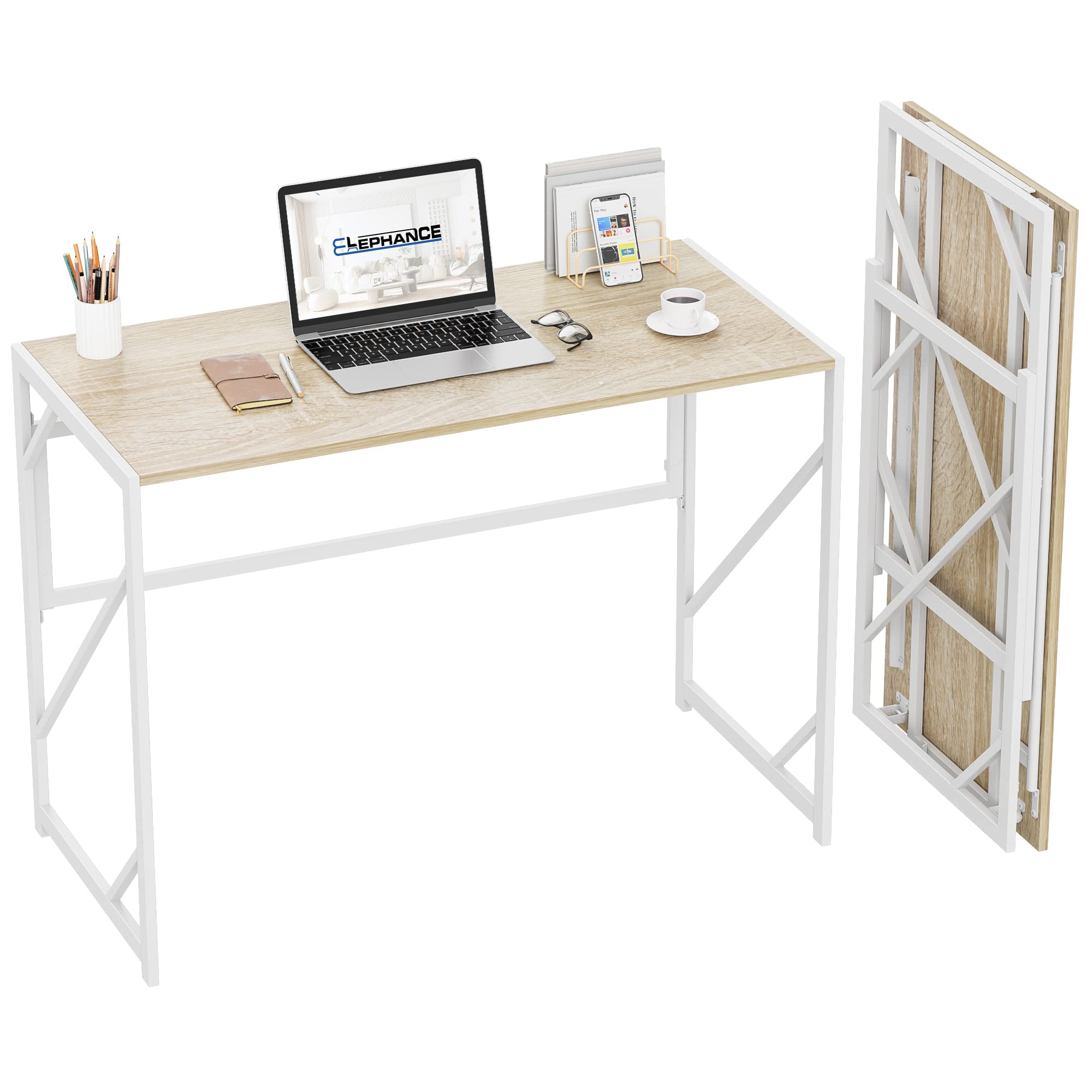 Elephance Folding Desk Writing Computer Desk For Home Office, No-Assembly Study Office Desk Foldable Table For Small Spaces