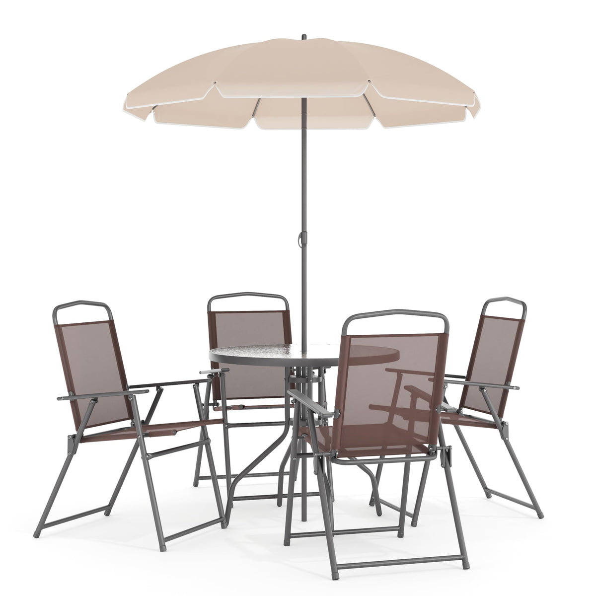 Flash Furniture Nantucket 6-Piece Patio Dining Set with Glass Table, 4 Folding Chairs, and Umbrella, Outdoor Patio Set, Brown