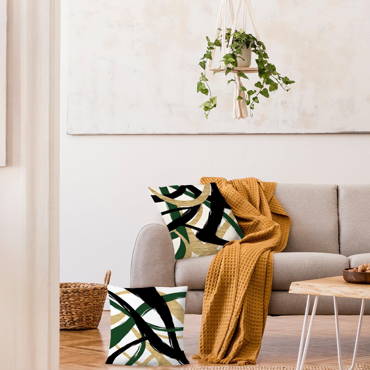 Supwhd Black Gold And Green Pillow Covers, Abstract Black And Gold Pillow Covers 16X16 Set Of 2, Modern Boho Decorative Throw Pi