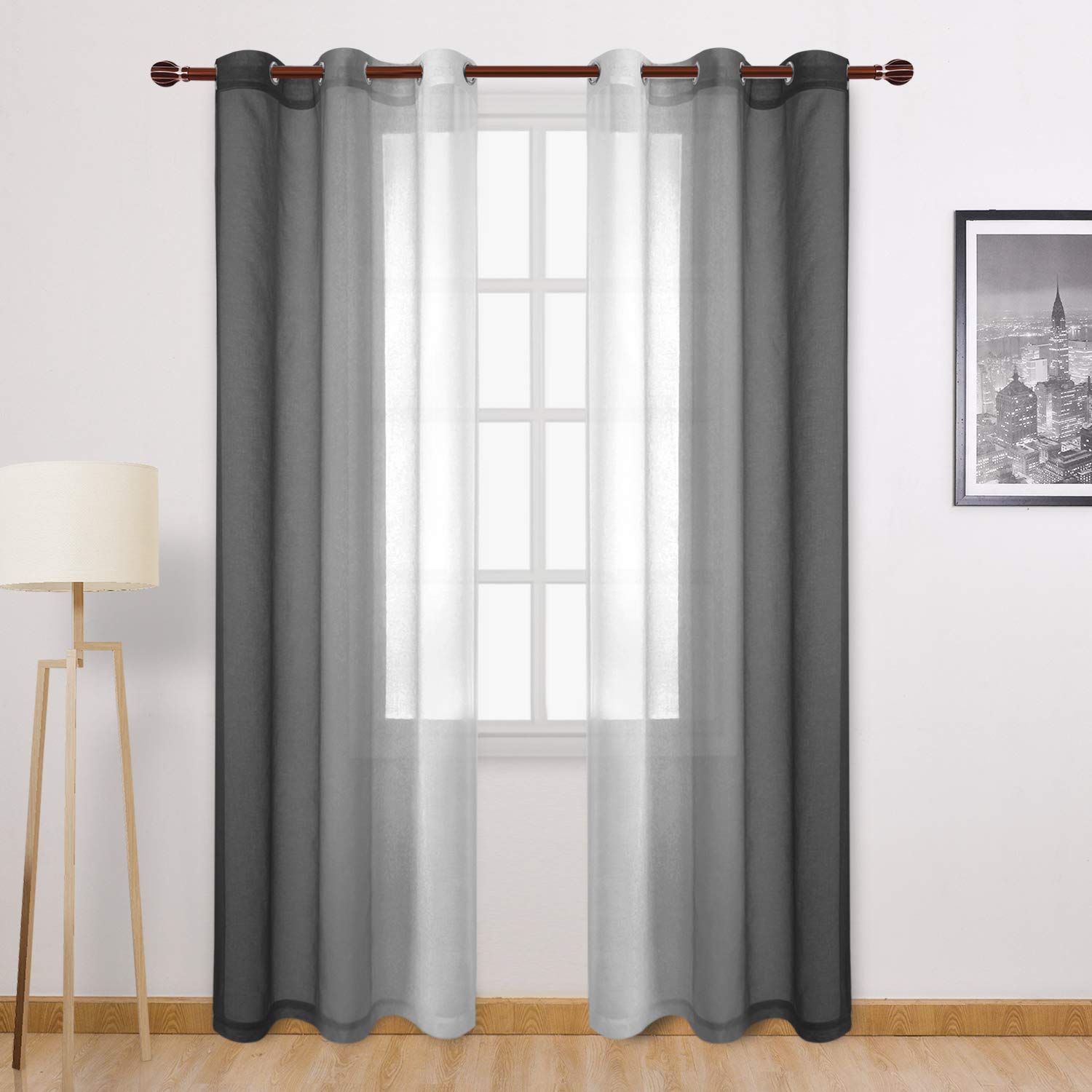 Dwcn Black Ombre Sheer Curtains - Faux Linen Gradient Semi Voile Bedroom And Living Room Curtains, Set Of 2 Grommet Top Window C