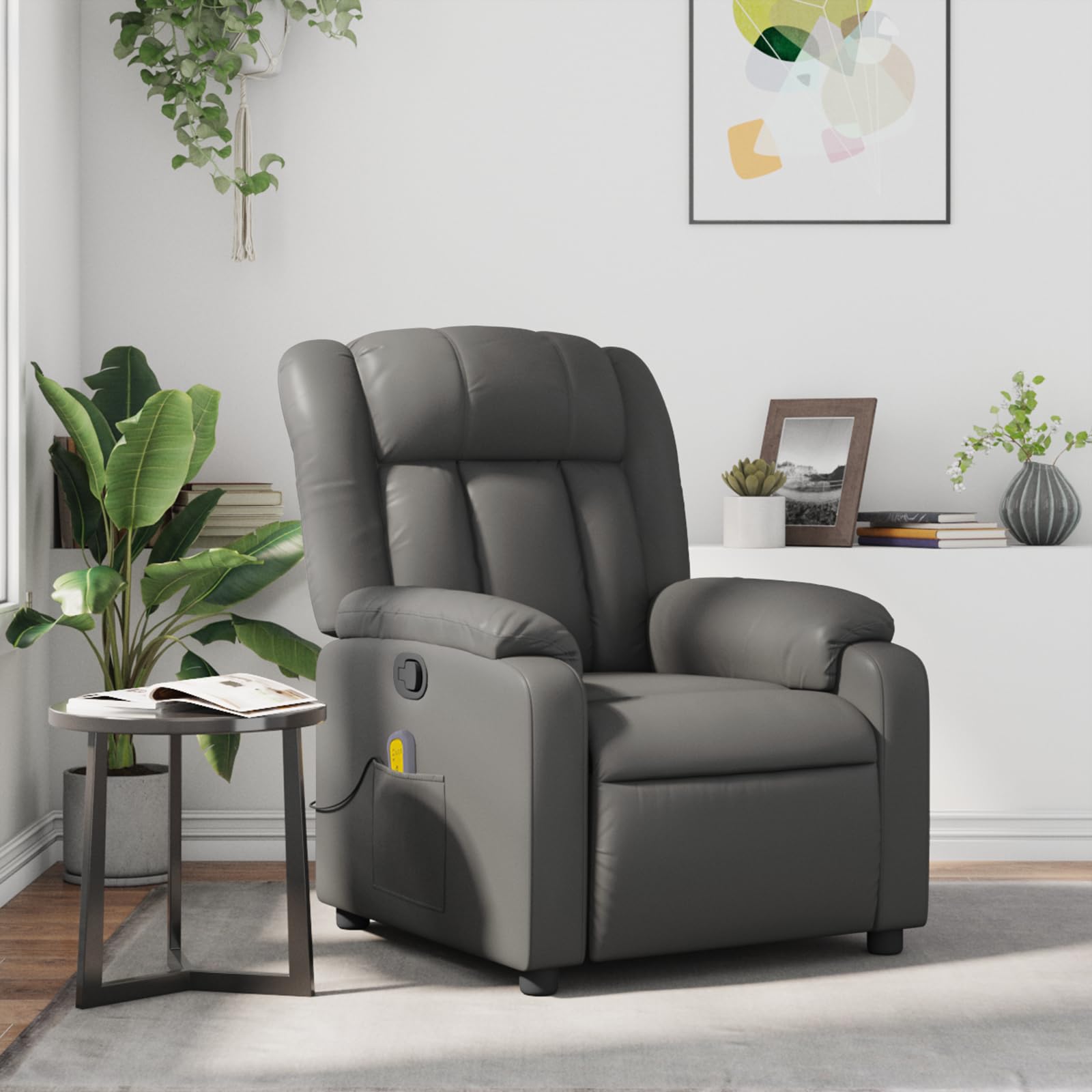vidaXL Massage Recliner Chair for Living Room, Adjustable Recliner with 6-Point Vibration Massage, Home Theater Seating with Padded Seat Backrest & Side Pocket, Grey Leather