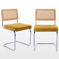 Zesthouse Natural Rattan Dining Chairs Set Of 2, Modern Dining Room Chairs With Solid Wood Back For Kitchen Living Room, Mid Century Breuer Design Inspired, Upholstered Velvet Fabric, Yellow