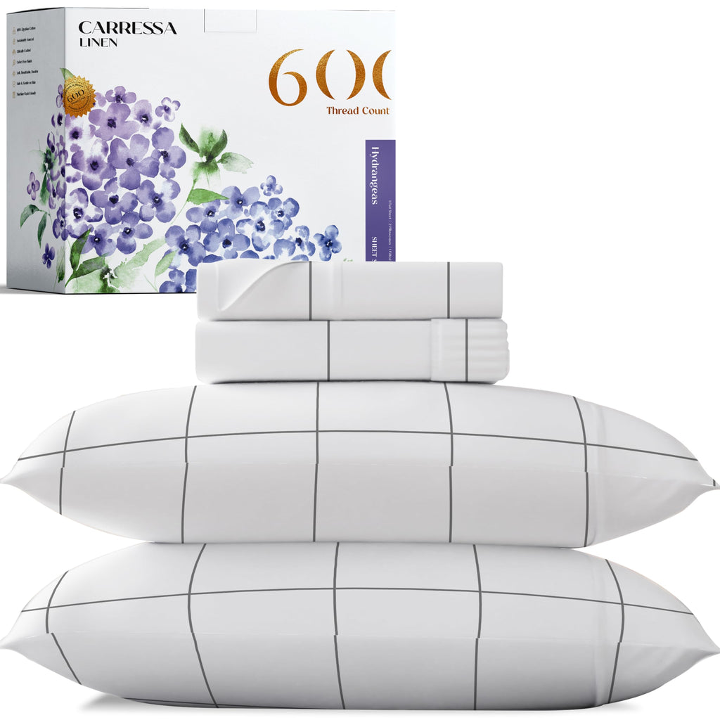 Carressa Linen Luxury Egyptian Cotton King Printed Sheet Set - 600 Thread Count Extra Long Staple 4 Pc Set, Window Pane King Pri