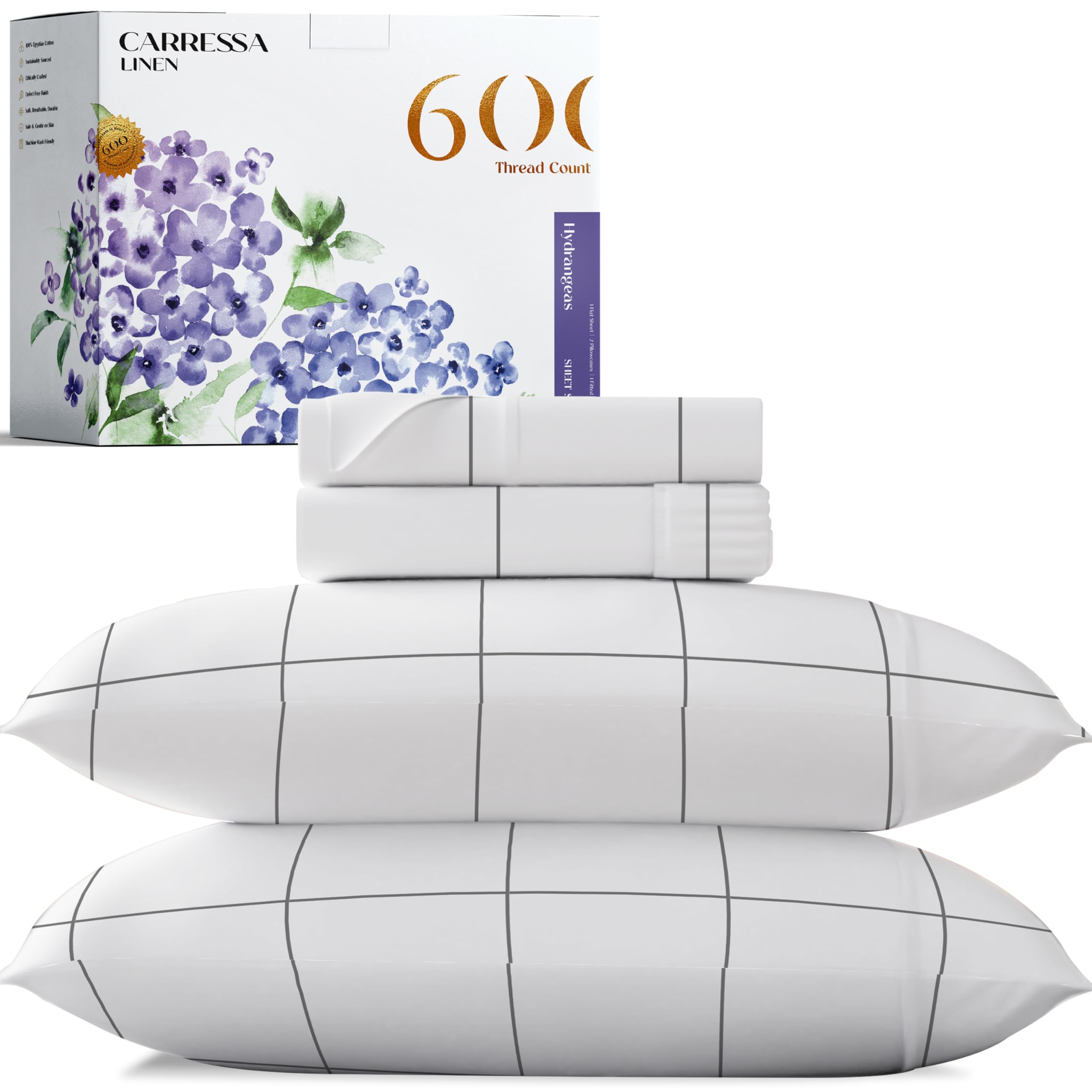 Carressa Linen Luxury Egyptian Cotton King Printed Sheet Set - 600 Thread Count Extra Long Staple 4 Pc Set, Window Pane King Pri