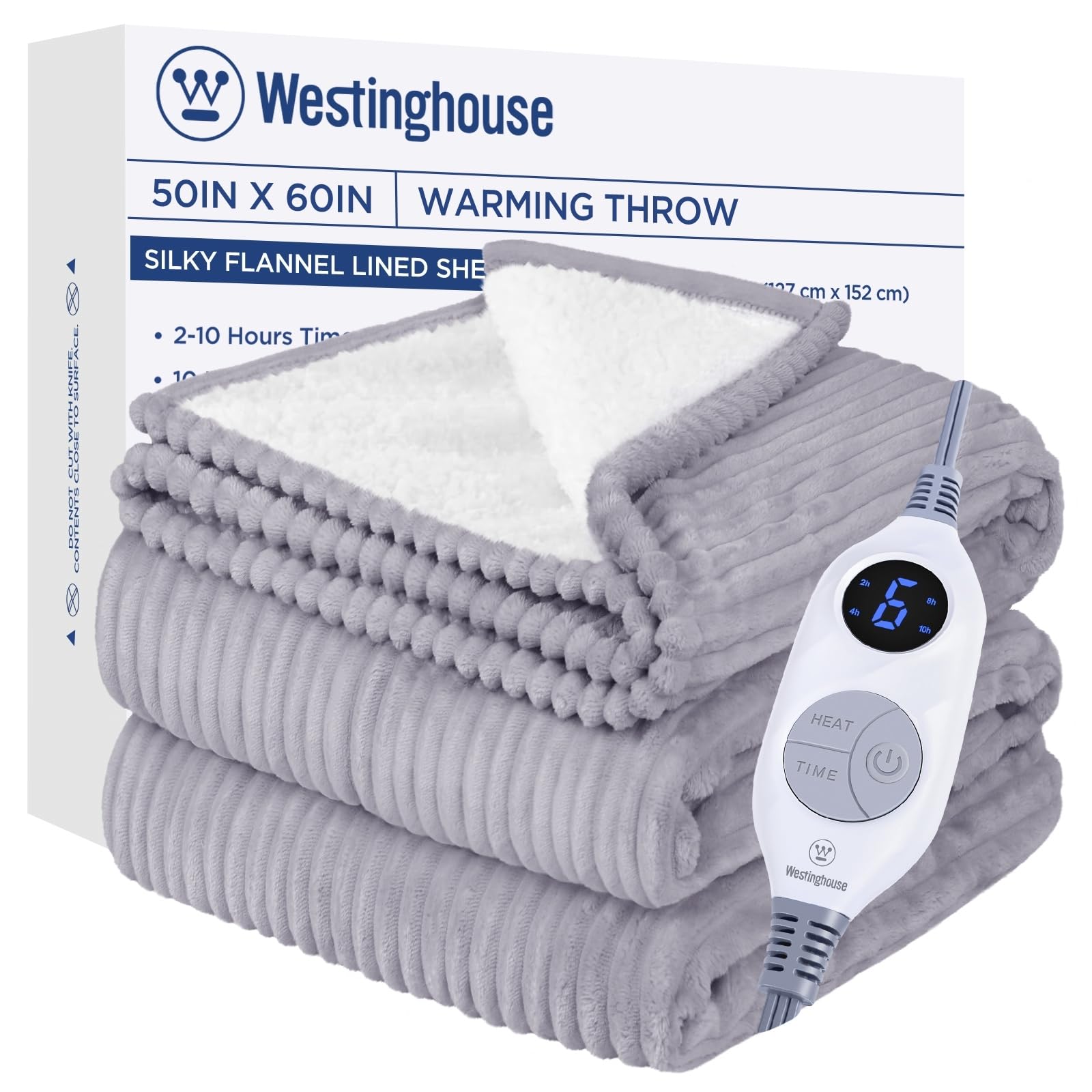 Westinghouse Heated Throw Blanket, Soft Flannel Sherpa Electric Throw With 6 Heating Levels & 2-10 Hours Auto Shut Off, Fast Hea
