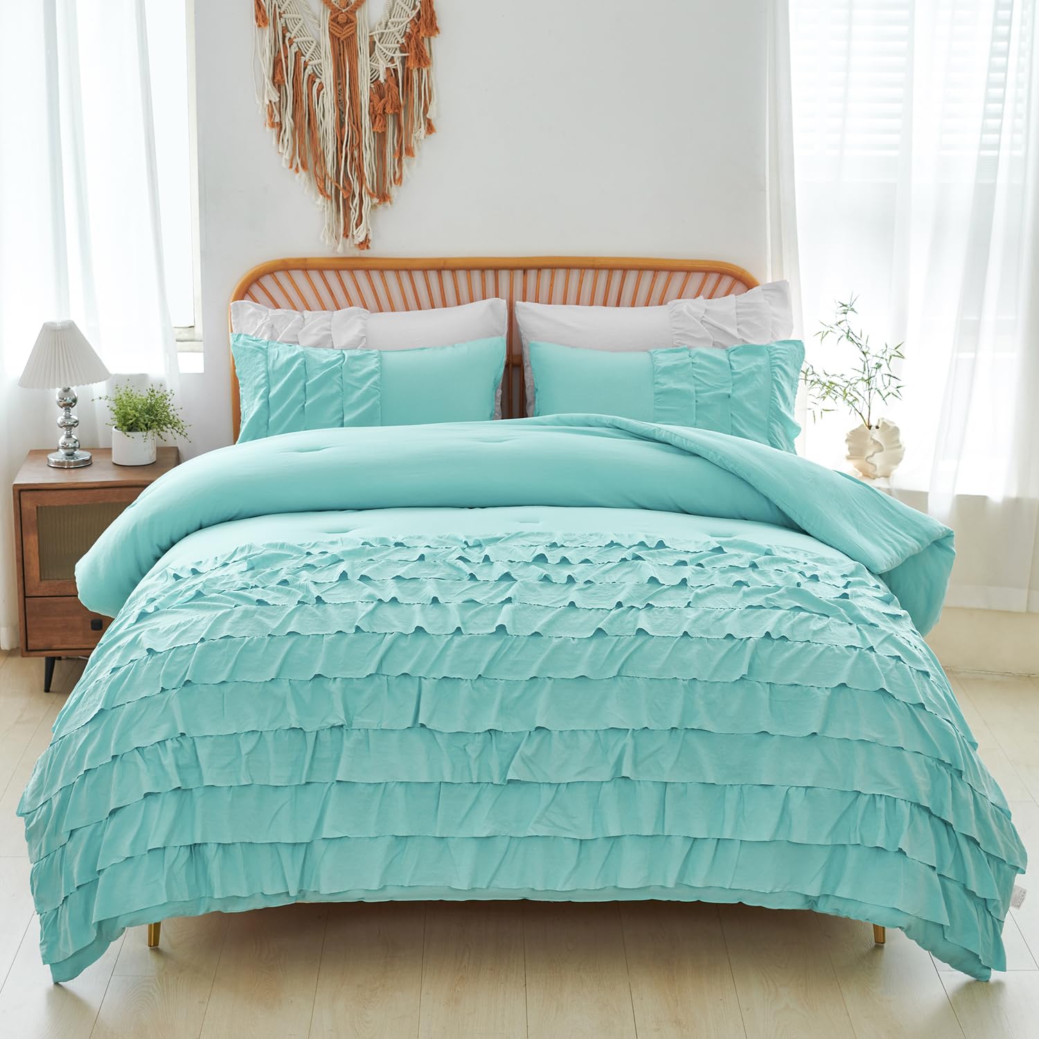 PERFEMET Boho Teal Comforter Set, 3 Pieces Girls Twin Bedding Set, Multi Layers Ruffle Bed Set for Kids Teens, Washed Microfiber