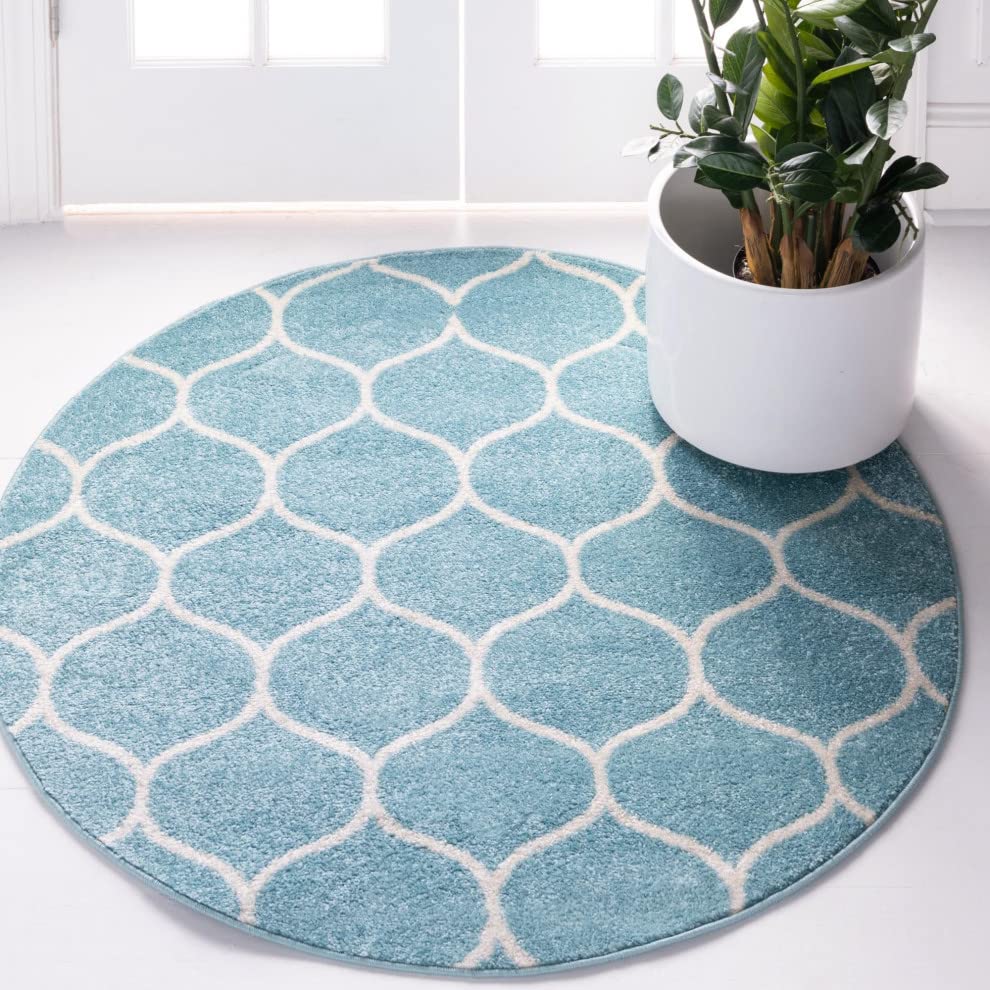 Unique Loom Trellis Frieze Collection Area Rug - Rounded (5' 1'' Round, Light Blue/ Ivory)