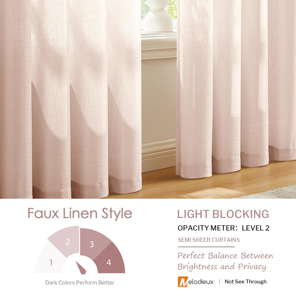 Melodieux Light Pink Semi Sheer Curtains 108 Inches Long For Living Room Bedroom, Extra Long Linen Look Rustic Rod Pocket Sheer