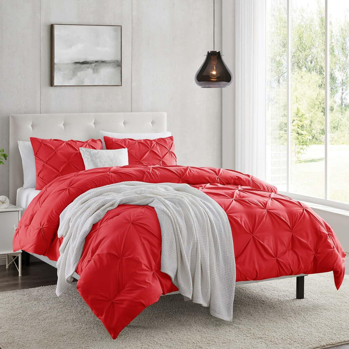 Nestl Red Duvet Cover King Size - Pintuck King Duvet Cover Set, 3 Piece Double Brushed Duvet Cover With Button Closure, 1 Pinch