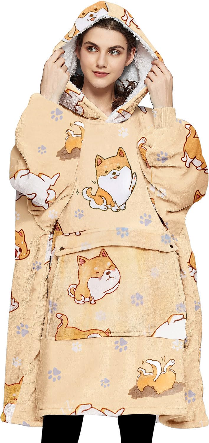 Kfubuo Wearable Blanket Hoodie For Adults Sherpa All Patterns Dog Oversized Sweatshirt Blanket With Pockets For Mom