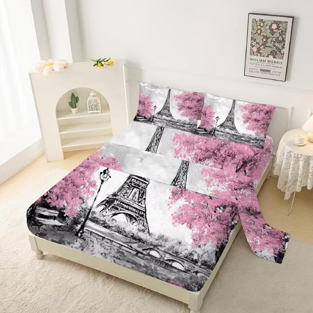 Kxry Pink Paris Fitted Sheet Sets Eiffel Tower Flower French Style Bedding Sets Twin Size For Boys Kids Teens Women Bedding Set