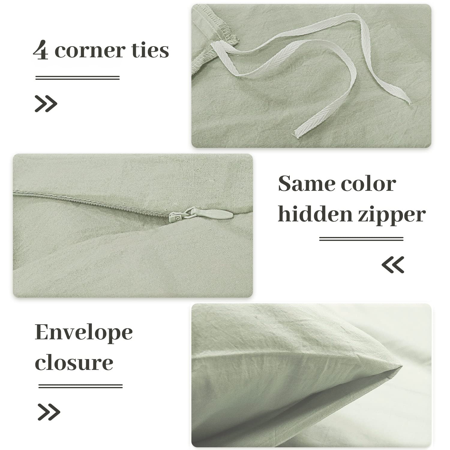 Nexhome Pro Duvet Cover Set Oversized Queen 92'X98' Linen Feel Textured Organic Natural 100% Washed Cotton Duvet Cover 3 Pieces Bedding Set Zipper Closure, Breathable, Mint Green (No Comforter)