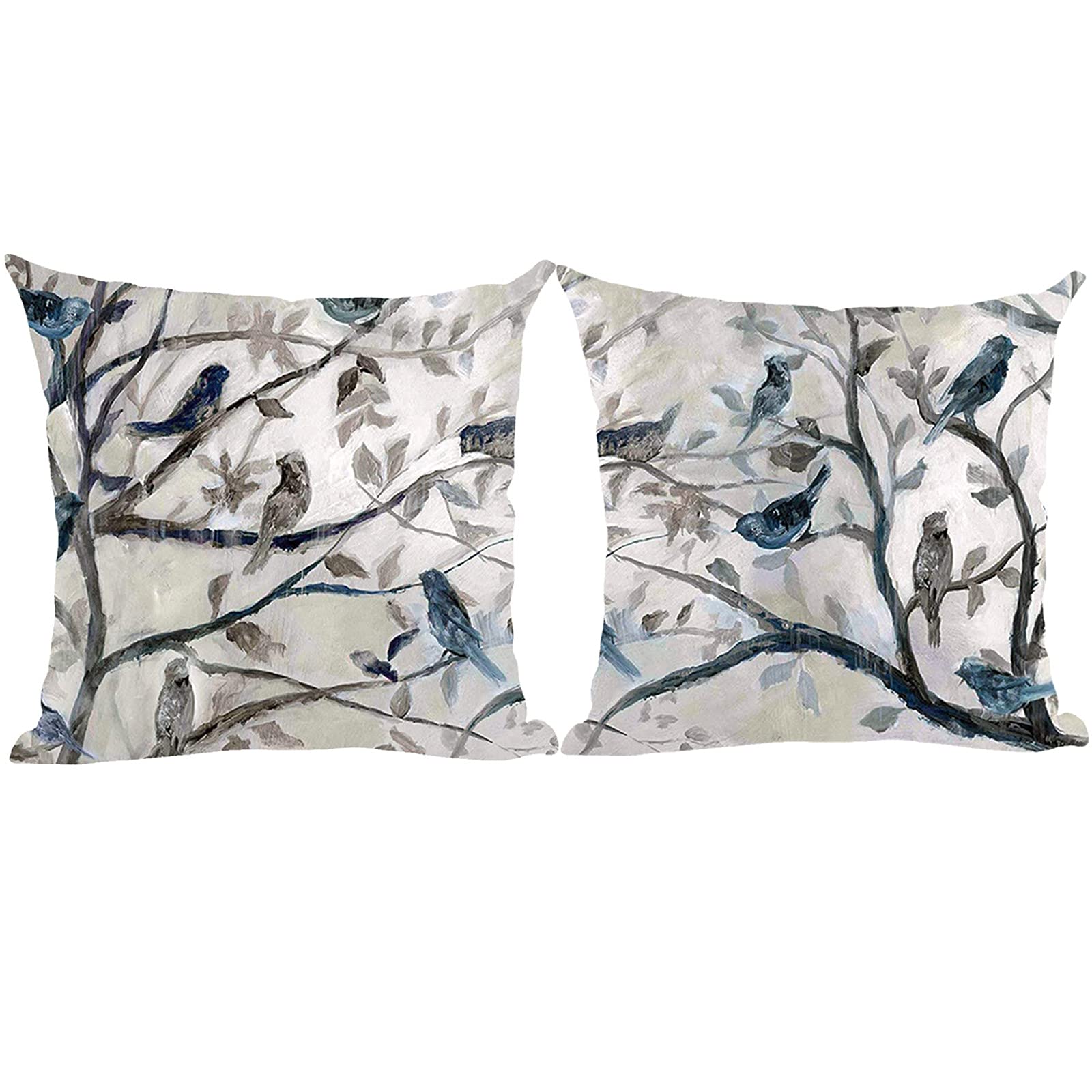 Ramirar Set Of 2 Ink Painting Watercolor Blue Grey Lovely Birds Tree Leaves Decorative Throw Pillow Cover Case Home Living Room