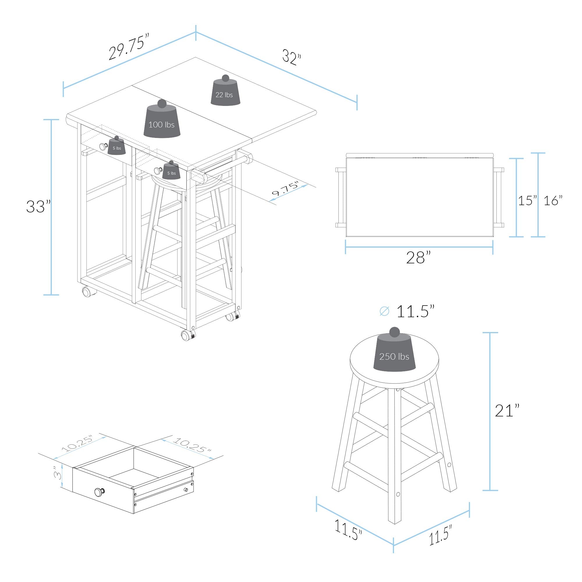 American Trails Breakfast Cart with Drop-Leaf Table, White