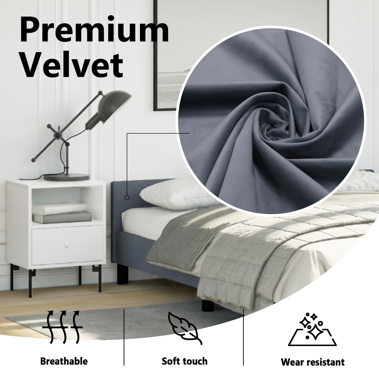 vidaXL Velvet Bed Frame Platform Bed, Scandinavian Style/Slats Support/No Box Spring Needed/Without Mattress/Easy Assembly, Dark Grey Full Bed