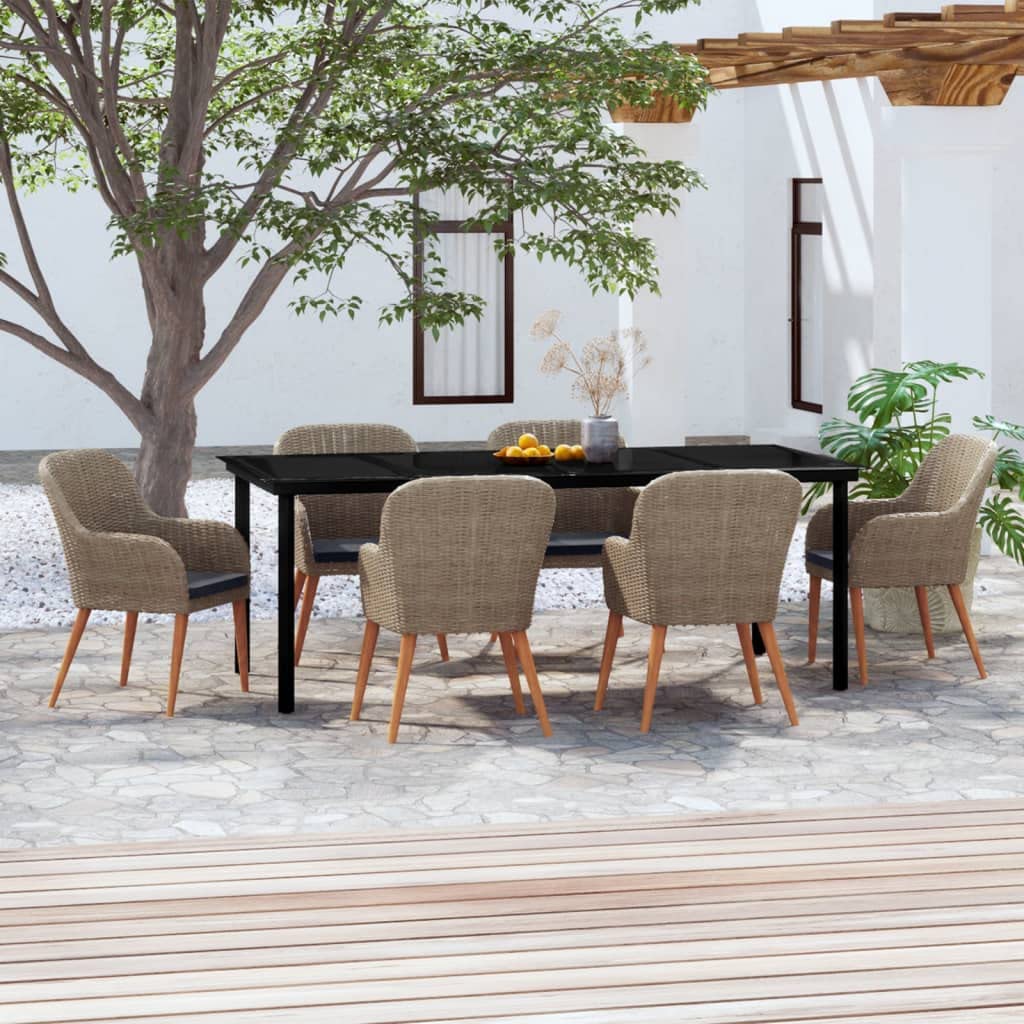 vidaXL 7-Piece Outdoor Patio Dining Set - Stylish Garden Furniture with Cushions, Poly Rattan & Powder-Coated Steel Frame Construction, Spacious Glass Tabletop - Brown & Black with Dark Gray Cushions