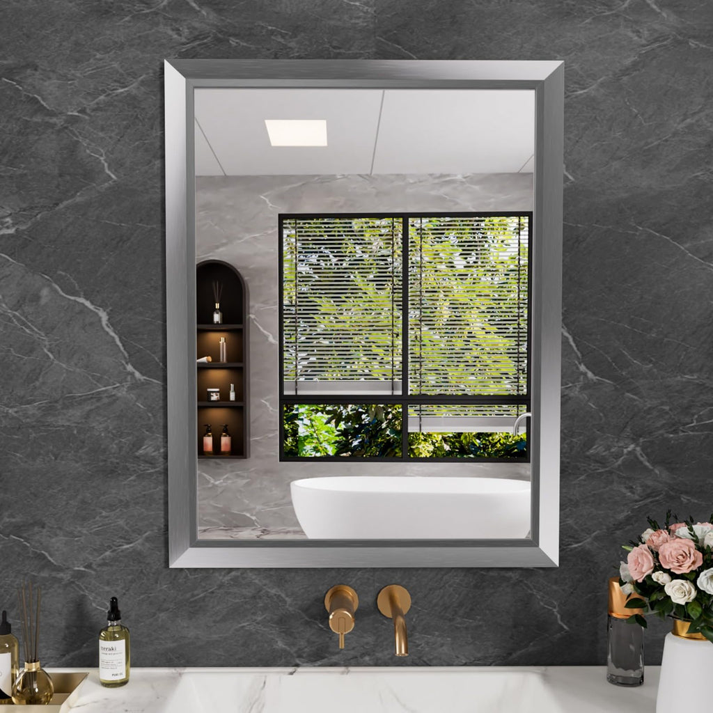 Amorho 28x36 Inch Bathroom Mirror Silver, Thick Metal Framed Wall Mirrors for Over Sink, Brushed Nickel Mirror Perfect for Bedro