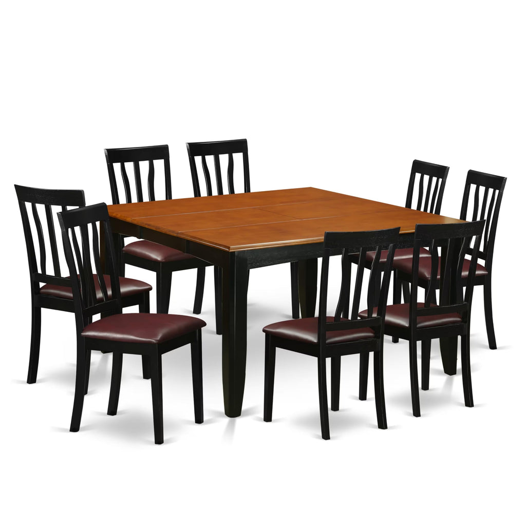 East West Furniture PFAN9-BCH-LC 9 Piece Dining Room Table Set Includes a Square Kitchen Table with Butterfly Leaf and 8 Faux Leather Upholstered Dining Chairs, 54x54 Inch, Black & Cherry
