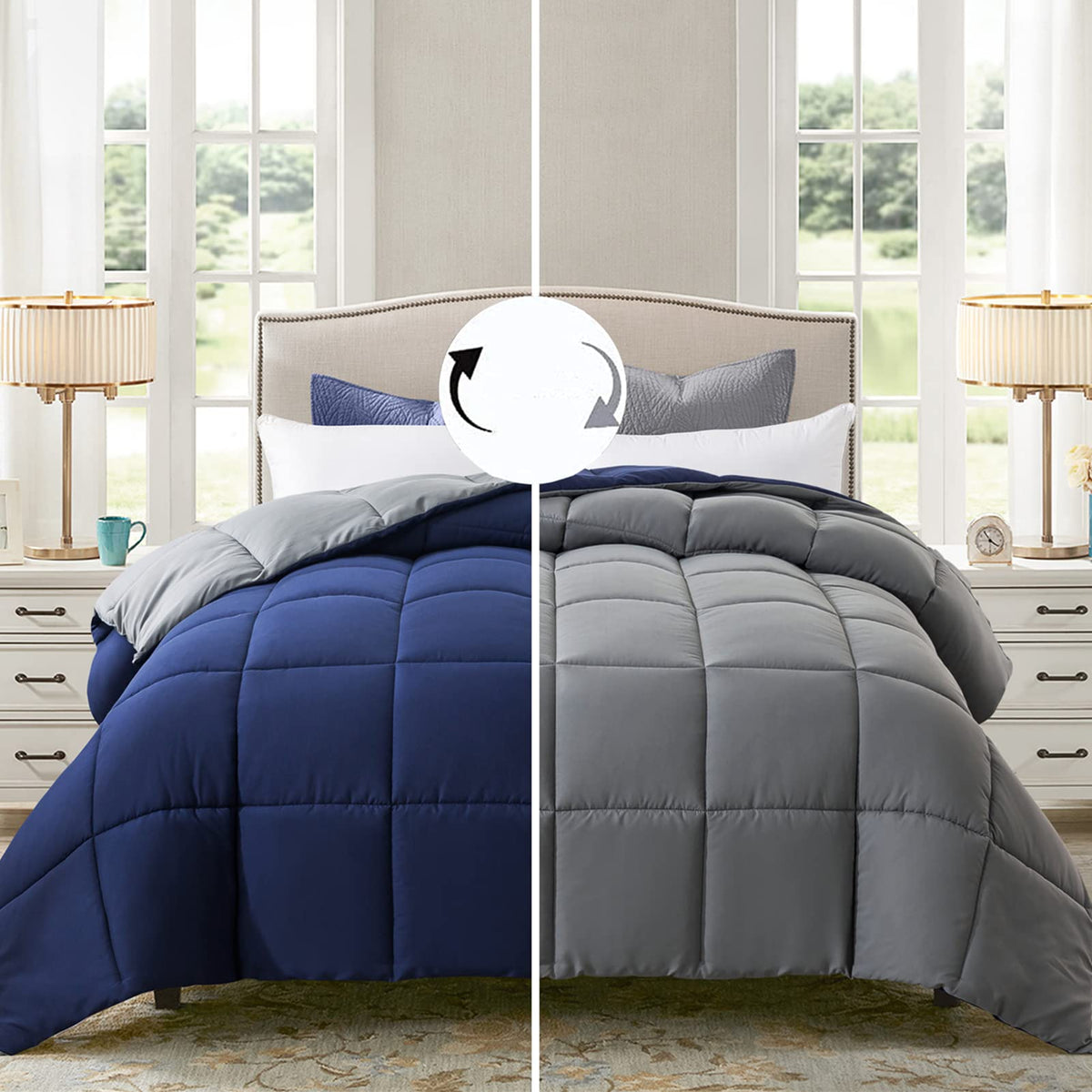 Elnido Queen All-Season Reversible Down Alternative Quilted Comforter- Corner Duvet Tabs-Machine Washable-Duvet Insert Or Stand