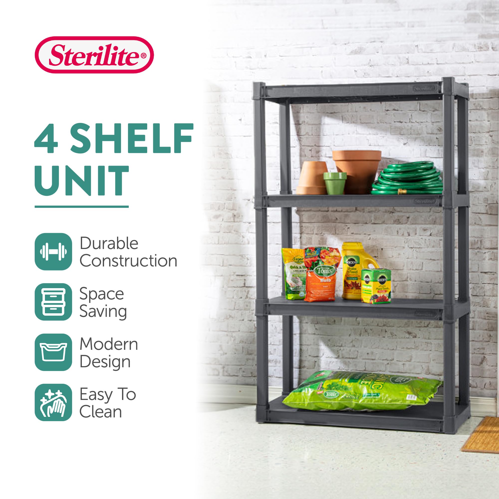 Sterilite 4-Pack Plastic Storage Shelves, Heavy Duty Shelving Unit, 4 Shelf, Gray