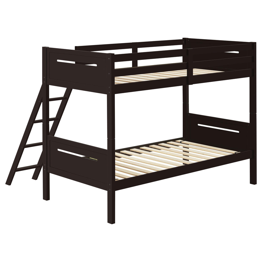 Coaster Home Furnishings Littleton Transitional Wood Twin Over Twin Size Bunk Bed Frame with Ladder and Guardrails Fully Slatted Mattress Ready Foundation Espresso 405051BRN