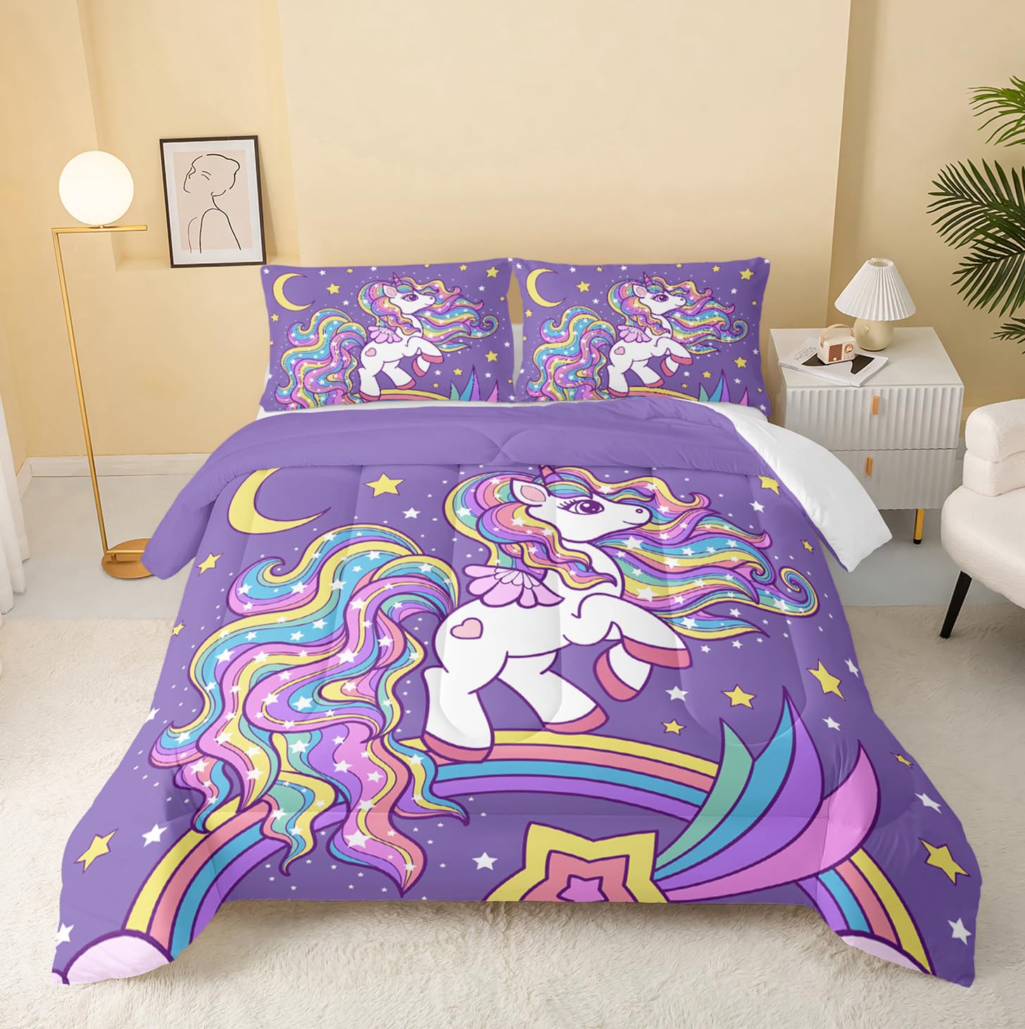 Qoomo Unicorn Comforter Full Size,Rainbow Unicorn Comforter Set For Kids Teens Girls,3Pcs Bedding Set Printed Comforter With 2 P