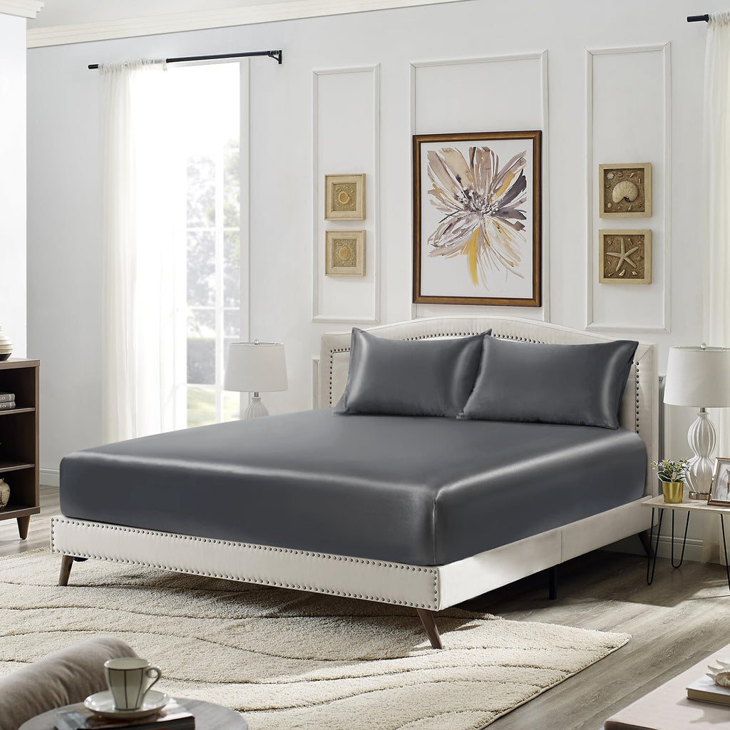 Siinvdabzx 3-Piece Set Satin Twin Fitted Sheet & 2 Pillowcase, Grey Silky Soft Fitted Bottom Sheet, Wrinkle Free, Fade Resistant