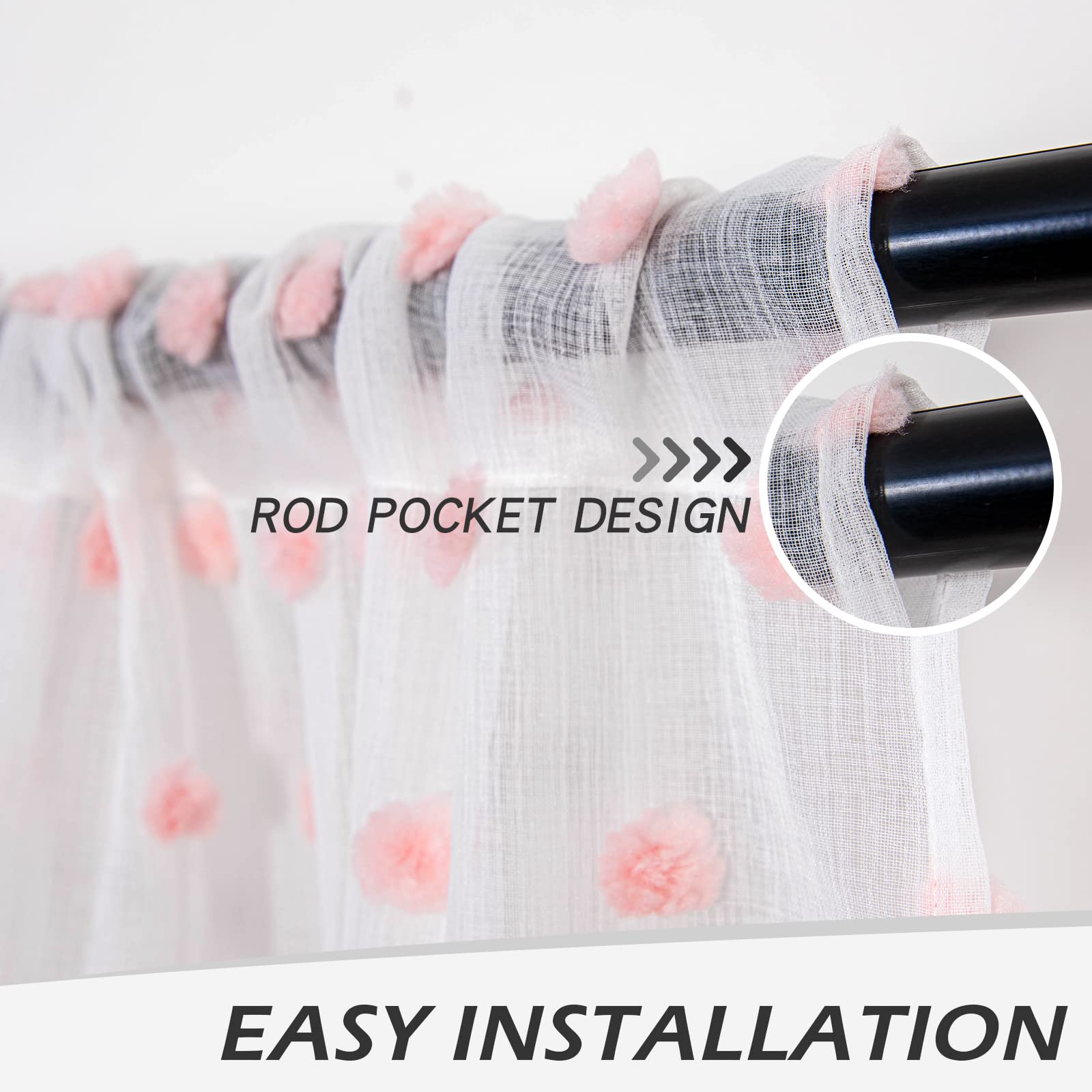 Mysky Home Kitchen Curtains Pink Curtains For Girls Bedroom 45 Inch Pom Pom Sheer Curtains Light Filtering Nursery Girls Kids Room Rod Pocket Cafe Small Window Panels 38 X 54 In Set Of 2