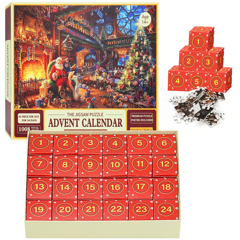 Puzzle Advent Calendar, 2023 Jigsaw Puzzle 1008 Pcs 24 Days Countdown Calendar,Santa's Surprise,Family Game Puzzle,Christmas Gif