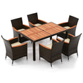 Dortala 7-Piece Patio Dining Set, Acacia Wood & Rattan Table And 6 Stackable Chairs With Cushions, Outdoor Wicker Furniture Set For Balcony Garden Poolside