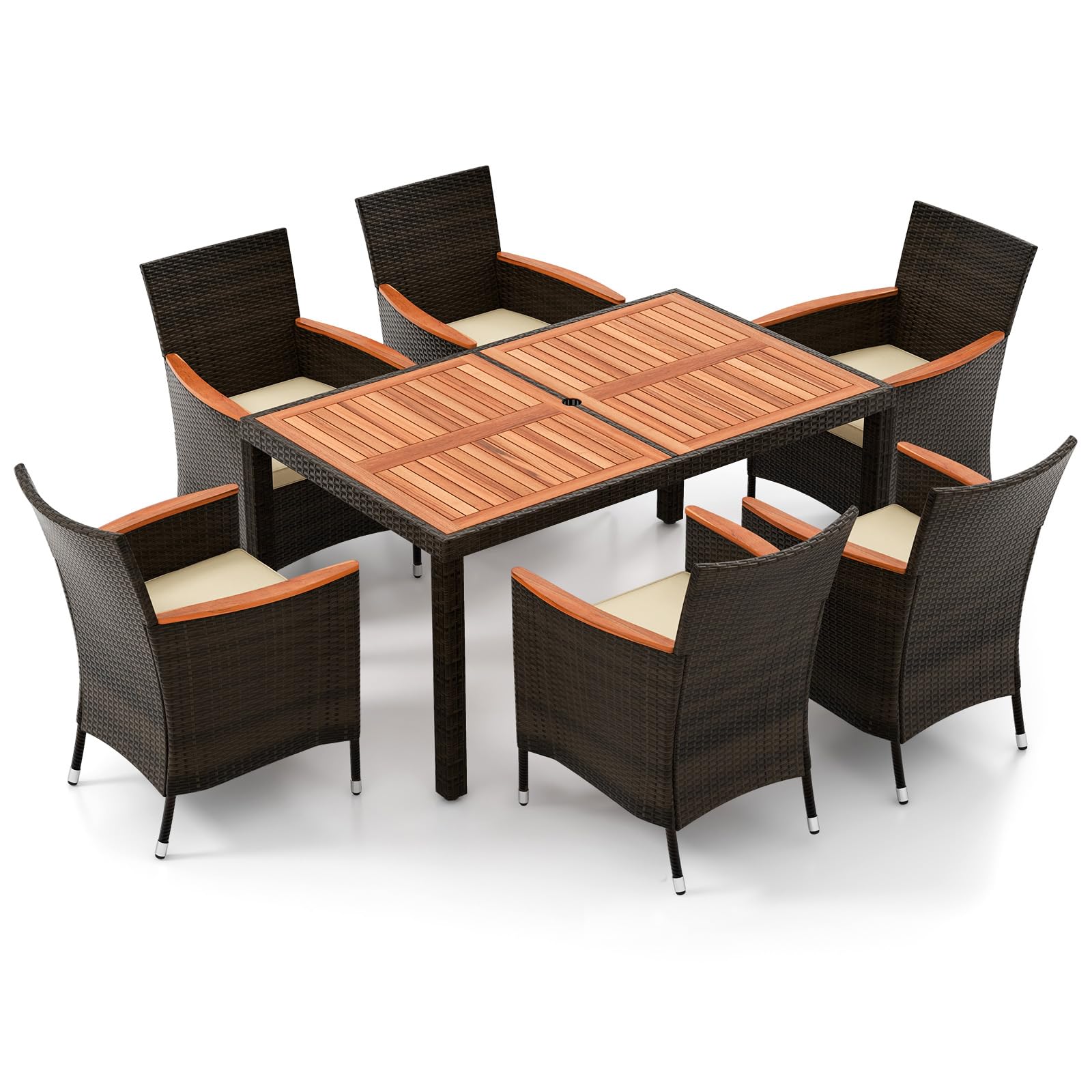 Dortala 7-Piece Patio Dining Set, Acacia Wood & Rattan Table And 6 Stackable Chairs With Cushions, Outdoor Wicker Furniture Set For Balcony Garden Poolside