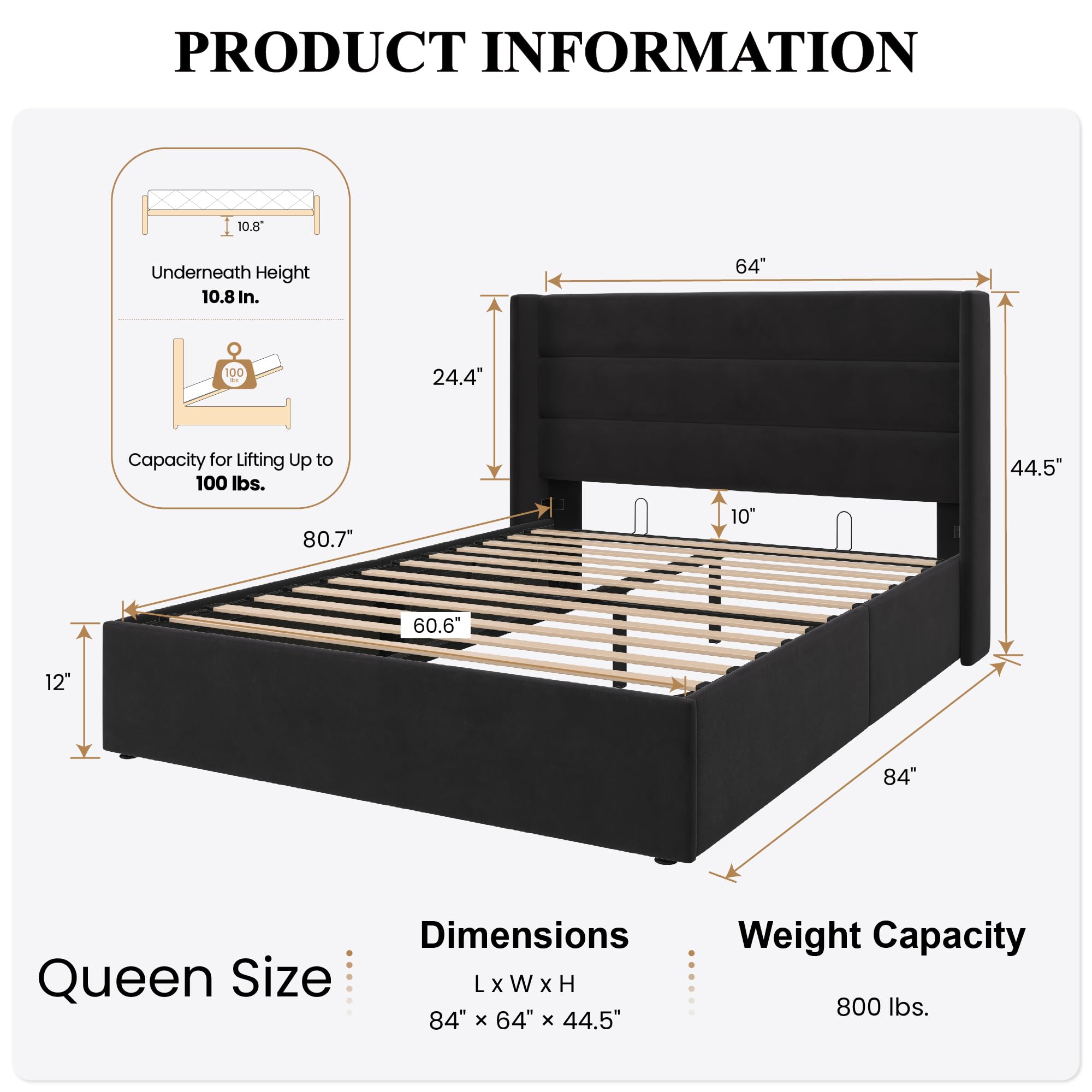 Sha Cerlin Queen Size Lift Up Storage Bed/Velvet Upholstered/Modern Wingback Headboard/Upholstered Platform Bed Frame/Hydraulic Storage/No Box Spring Needed/Black