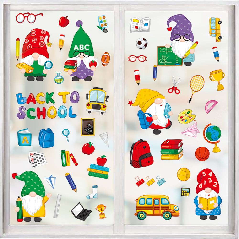 9 Sheets Back to School Window Clings, Gnome Book School Bus Double-Sided Window Decals Reusable Static ABC Apple First Day of S