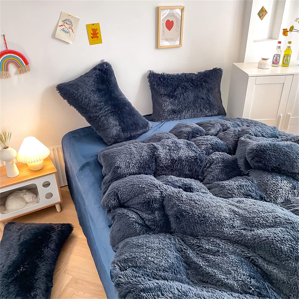 Chovy Faux Fur Plush Navy Blue Comforter Sets Twin/Full Size - Ultra Soft Shaggy Flannel Velvet Fluffy Fuzzy 3Pc Bedding Set (Co