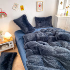 Chovy Faux Fur Plush Navy Blue Comforter Sets Twin/Full Size - Ultra Soft Shaggy Flannel Velvet Fluffy Fuzzy 3Pc Bedding Set (Co