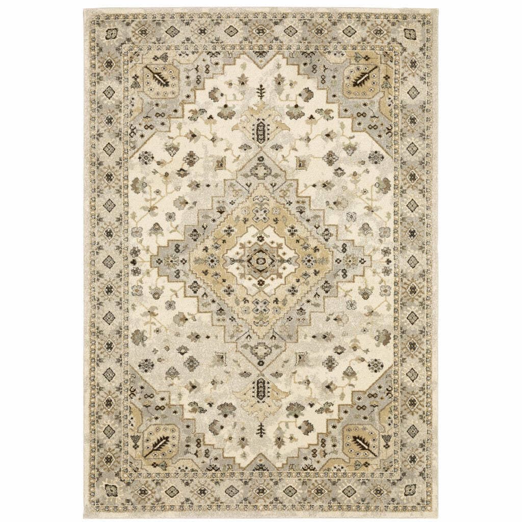 HomeRoots 508860 10 x 13 ft. Beige Gray Tan & Brown Oriental Power Loom Stain Resistant Rectangle Area Rug