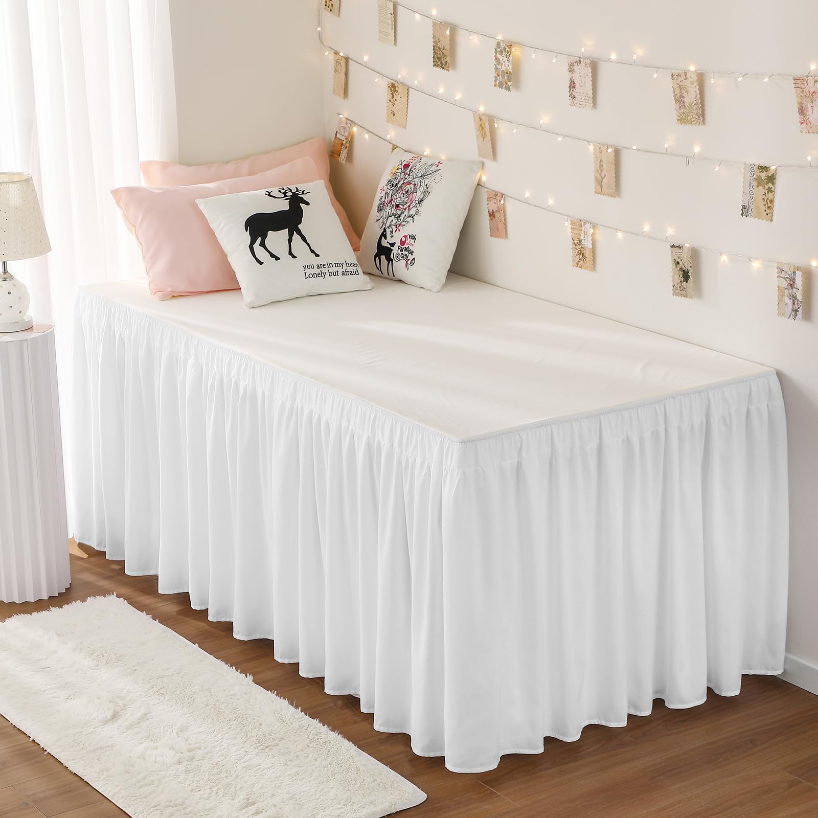 Rimela Dorm Bed Skirt Twin Xl 32 Inch Drop, Easy To Install Extra Long Wrap Around Elastic Dust Ruffle, White Bedskirt Solid Sil